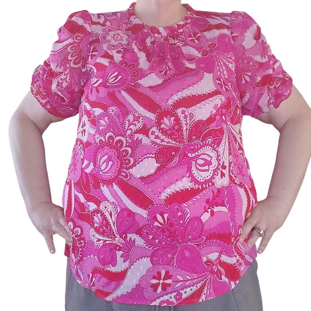 Rachel Zoe Pink Paisley Puff Sleeve Blouse Boho Mod Glam XL Coquette Modest